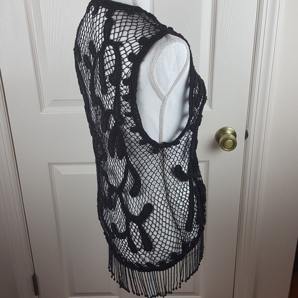 Vintage Black Beaded Crochet Vest with Fringe - Picture 4 of 8